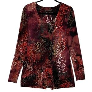 Peruvian Connection Burgundy Floral Long-Sleeve A-line Tunic Top L EUC